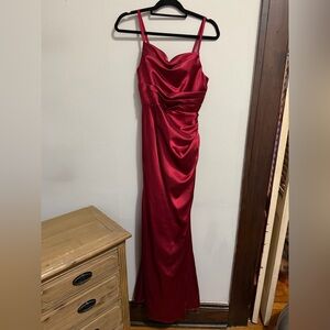 Red Satin Cowl Neck Prom Dress with Draped Side Detail